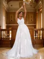 A-Line/Princess Lace Applique V-neck Sleeveless Sweep Train Wedding Dresses