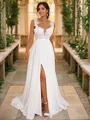 A-Line/Princess Chiffon Applique Straps Sleeveless Sweep Train Wedding Dresses