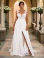 A-Line/Princess Chiffon Applique Straps Sleeveless Sweep Train Wedding Dresses