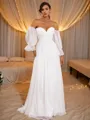 A-Line/Princess 30D Chiffon Ruched Off-the-Shoulder Long Sleeves Sweep Train Wedding Dresses