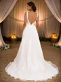 A-Line/Princess Satin Applique V-neck Sleeveless Sweep Train Wedding Dresses