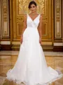 A-Line/Princess Satin Applique V-neck Sleeveless Sweep Train Wedding Dresses