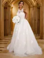 A-Line/Princess Lace Applique Scoop Sleeveless Sweep Train Wedding Dresses