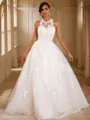 A-Line/Princess Lace Applique Scoop Sleeveless Sweep Train Wedding Dresses