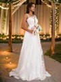 A-Line/Princess Lace Applique Scoop Sleeveless Sweep Train Wedding Dresses