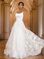 A-Line/Princess Lace Applique Spaghetti Straps Sleeveless Sweep Train Wedding Dresses