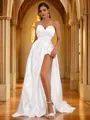 A-Line/Princess Satin Ruched Sweetheart Sleeveless Sweep Train Wedding Dresses