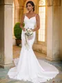 Trumpet/Mermaid Stretch Crepe Ruffles V-neck Sleeveless Sweep Train Wedding Dresses