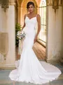 Trumpet/Mermaid Stretch Crepe Ruffles V-neck Sleeveless Sweep Train Wedding Dresses