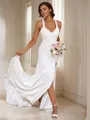 Sheath/Column Stretch Crepe Bowknot V-neck Sleeveless Sweep Train Wedding Dresses