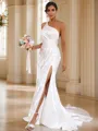 Sheath/Column Satin Ruched One-Shoulder Sleeveless Sweep Train Wedding Dresses