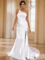Sheath/Column Satin Ruched One-Shoulder Sleeveless Sweep Train Wedding Dresses