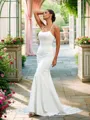 Sheath/Column Stretch Crepe Lace Spaghetti Straps Sleeveless Sweep Train Wedding Dresses