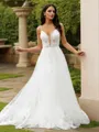 A-Line/Princess Tulle Applique V-neck Sleeveless Court Train Wedding Dresses