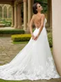A-Line/Princess Tulle Applique V-neck Sleeveless Court Train Wedding Dresses
