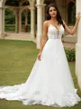 A-Line/Princess Tulle Applique V-neck Sleeveless Court Train Wedding Dresses