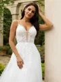 A-Line/Princess Tulle Applique V-neck Sleeveless Court Train Wedding Dresses