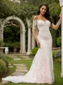 Sheath/Column Lace Off-the-Shoulder Long Sleeves Court Train Wedding Dresses