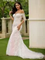 Sheath/Column Lace Off-the-Shoulder Long Sleeves Court Train Wedding Dresses