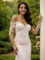 Sheath/Column Lace Off-the-Shoulder Long Sleeves Court Train Wedding Dresses