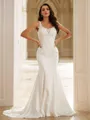 Sheath/Column Stretch Crepe Lace Straps Sleeveless Court Train Wedding Dresses