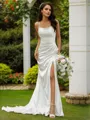 Sheath/Column Ruched Spaghetti Straps Sleeveless Court Train Wedding Dresses