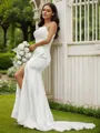 Sheath/Column Ruched Spaghetti Straps Sleeveless Court Train Wedding Dresses