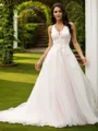 A-Line/Princess Tulle Lace V-neck Sleeveless Court Train Wedding Dresses