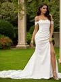 Sheath/Column Stretch Crepe Lace Off-the-Shoulder Sleeveless Court Train Wedding Dresses