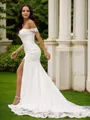 Sheath/Column Stretch Crepe Lace Off-the-Shoulder Sleeveless Court Train Wedding Dresses