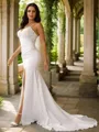 Sheath/Column Stretch Crepe Lace V-neck Sleeveless Sweep Train Wedding Dresses