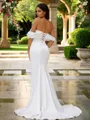 Sheath/Column Charmeuse Ruched Off-the-Shoulder Sleeveless Sweep Train Wedding Dresses