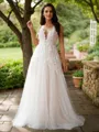 A-Line/Princess Tulle Applique Scoop Sleeveless Sweep Train Wedding Dresses