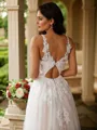 A-Line/Princess Tulle Applique Scoop Sleeveless Sweep Train Wedding Dresses