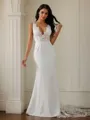 Sheath/Column Stretch Crepe Lace V-neck Sleeveless Sweep Train Wedding Dresses