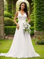 A-Line/Princess Chiffon Lace V-neck Sleeveless Court Train Wedding Dresses