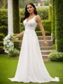 A-Line/Princess Chiffon Lace V-neck Sleeveless Court Train Wedding Dresses