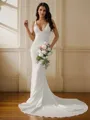 Sheath/Column Stretch Crepe V-neck Sleeveless Court Train Wedding Dresses