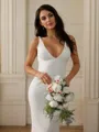 Sheath/Column Stretch Crepe V-neck Sleeveless Court Train Wedding Dresses