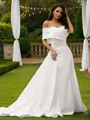 Sheath/Column Satin Ruched Off-the-Shoulder Sleeveless Chapel Train Wedding Dresses