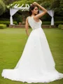 A-Line/Princess Tulle Lace Scoop Sleeveless Sweep Train Wedding Dresses
