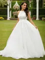 A-Line/Princess Tulle Lace Scoop Sleeveless Sweep Train Wedding Dresses