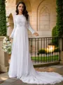 A-Line/Princess Chiffon Lace Scoop Long Sleeves Court Train Wedding Dresses