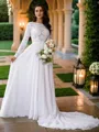 A-Line/Princess Chiffon Lace Scoop Long Sleeves Court Train Wedding Dresses
