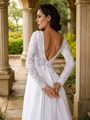 A-Line/Princess Chiffon Lace Scoop Long Sleeves Court Train Wedding Dresses