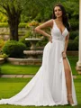 A-Line/Princess Chiffon Lace V-neck Sleeveless Sweep Train Wedding Dresses