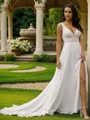 A-Line/Princess Chiffon Lace V-neck Sleeveless Sweep Train Wedding Dresses
