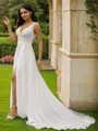 A-Line/Princess Chiffon Lace V-neck Sleeveless Sweep Train Wedding Dresses