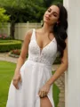 A-Line/Princess Chiffon Lace V-neck Sleeveless Sweep Train Wedding Dresses