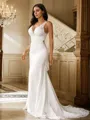 Sheath/Column Stretch Crepe Lace V-neck Sleeveless Sweep Train Wedding Dresses
